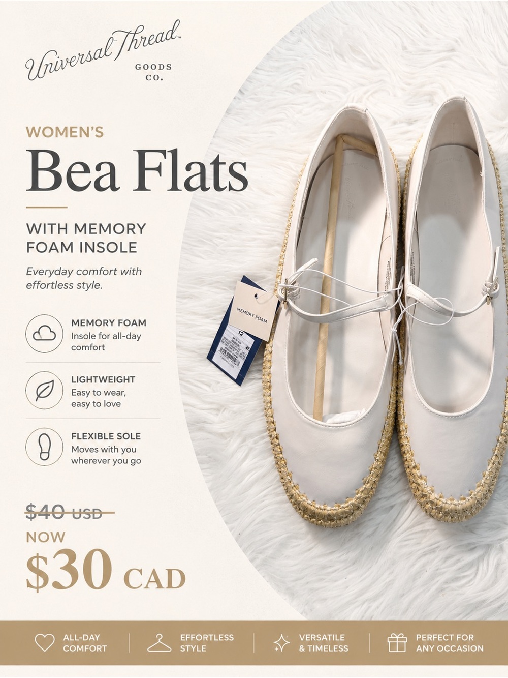 Women’s Bea Flats with Memory Foam Insole - Universal Thread™ 12 Cream